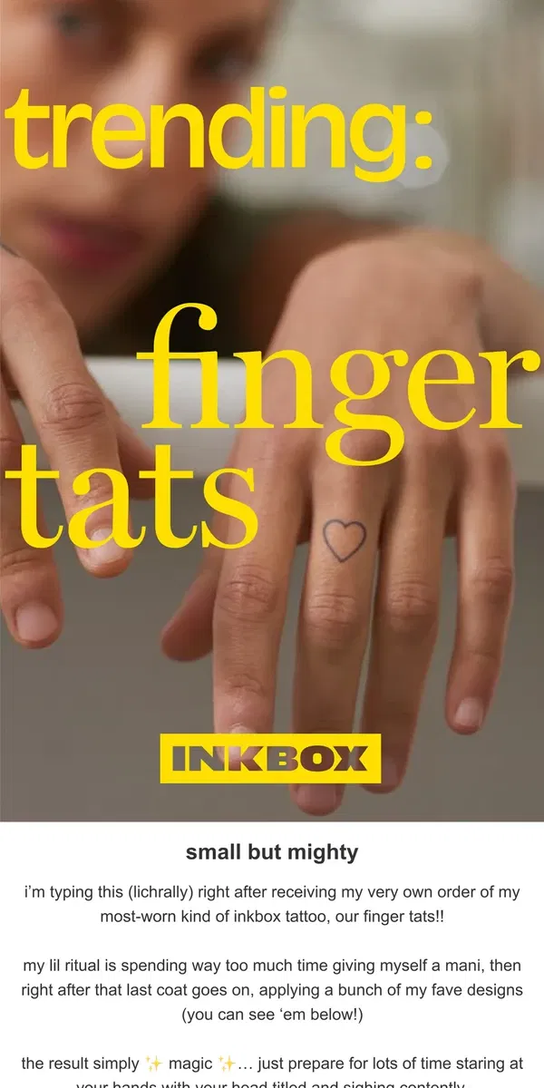 Email from Inkbox. trending: finger tats 🫶