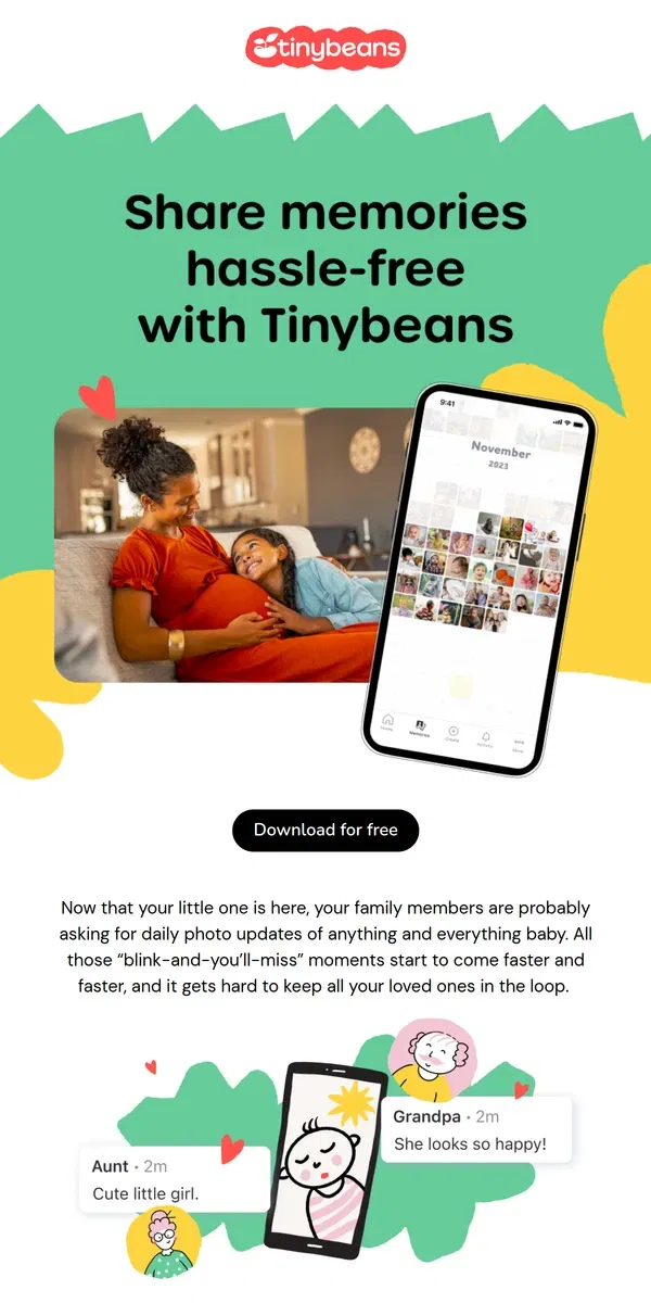 Email from Tinybeans. No more juggling group chats