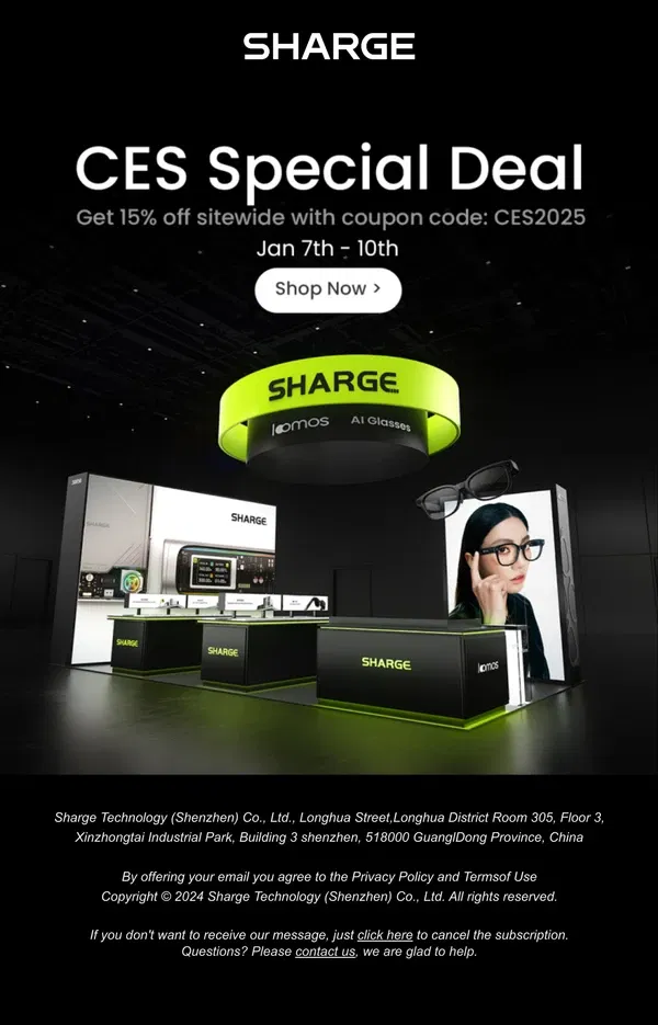 Email from SHARGE. CES 2025 Power Play: Charge Ahead with 15% Off Everything!