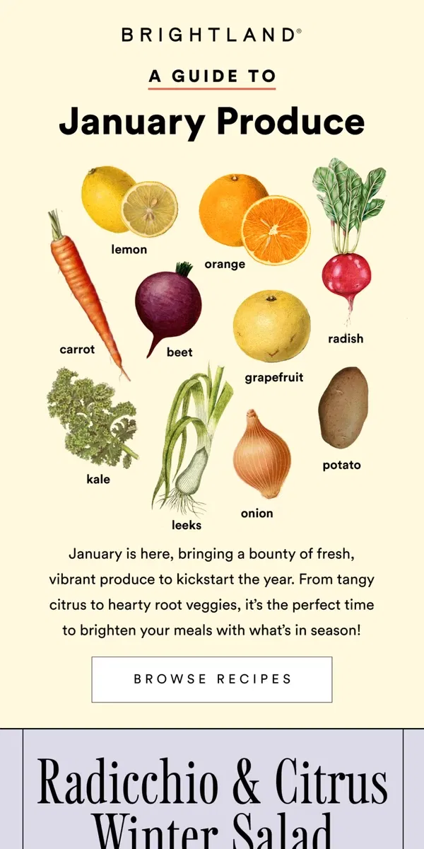 Email from Brightland. Bright Beginnings: January’s Produce Picks