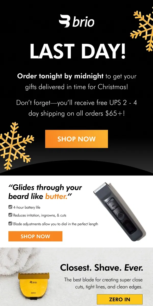 Email from Brio Product Group. Order by midnight for Christmas delivery