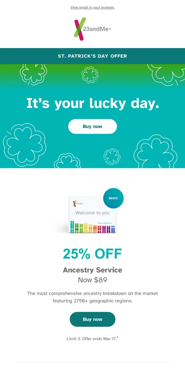 Email from 23andMe. 4 days only: St. Patrick’s Day offer 🍀