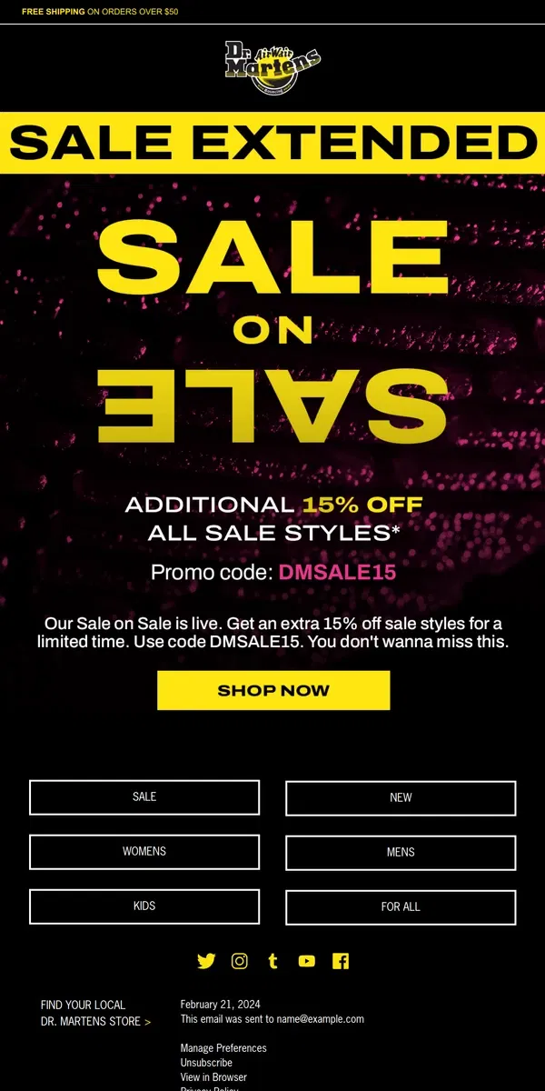 Email from Dr. Martens. Extra 15% off sale extended