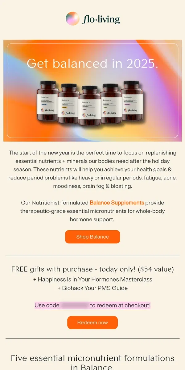 Email from FLO Living. Get balanced in the new year 💊✨