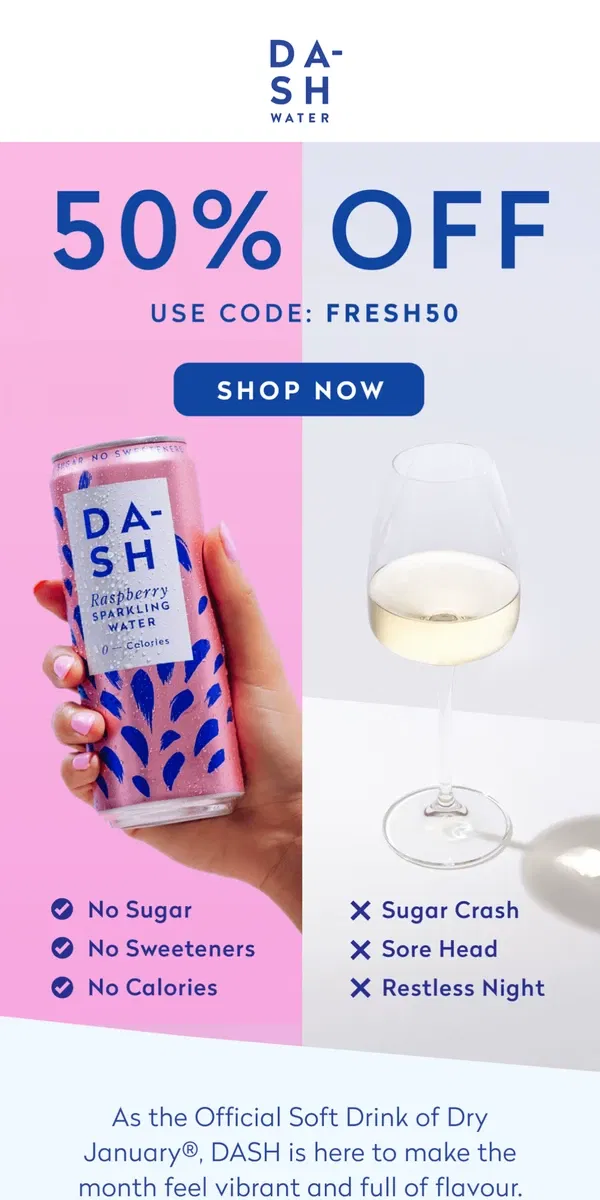 Email from DASH Water. 50% off the Official Soft Drink of Dry January