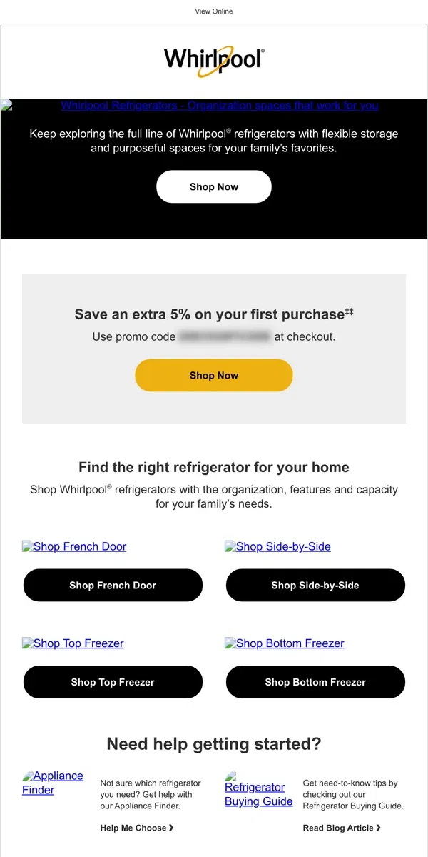 Email from Whirlpool. Find the right refrigerator for your kitchen