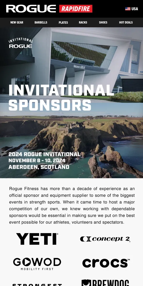 Email from Rogue Fitness. 2024 Rogue Invitational Sponsors