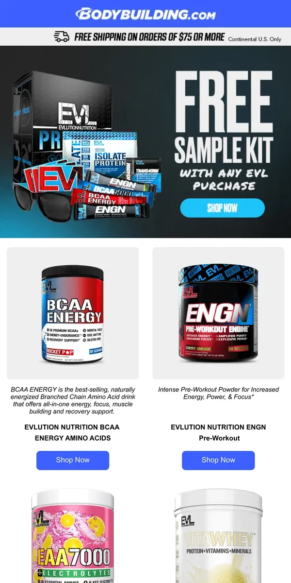 Email from Bodybuilding.com. Love EVL? Get a FREE Sample Kit with Your Next Purchase!