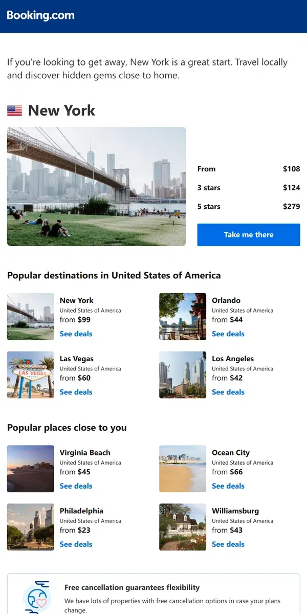 Email from Booking.com. A stay in New York from $108 – now that's a good price!