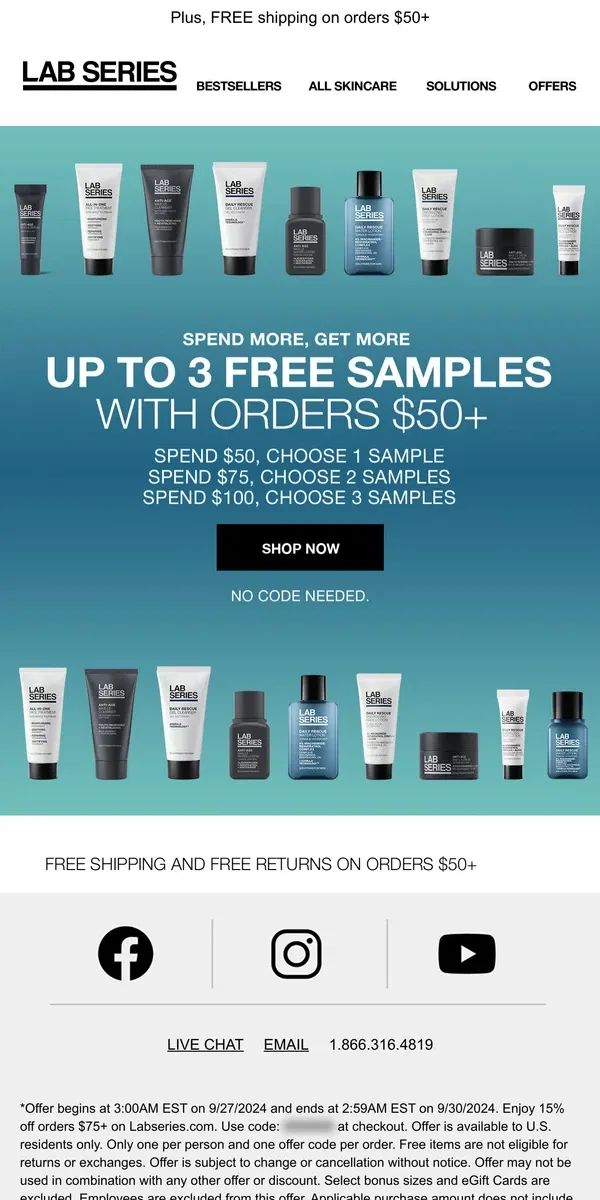 Email from Lab Series. Choose up to 3 samples on orders $50+