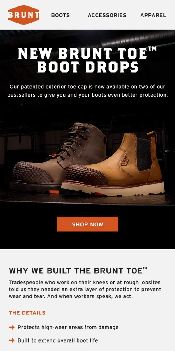 Email from BRUNT Workwear. Two new BRUNT Toe™ boots