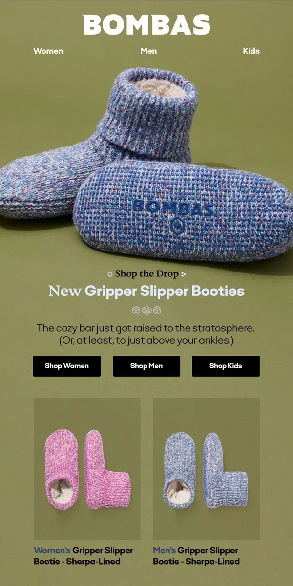 Email from Bombas. New Gripper Slipper Bootie Colors