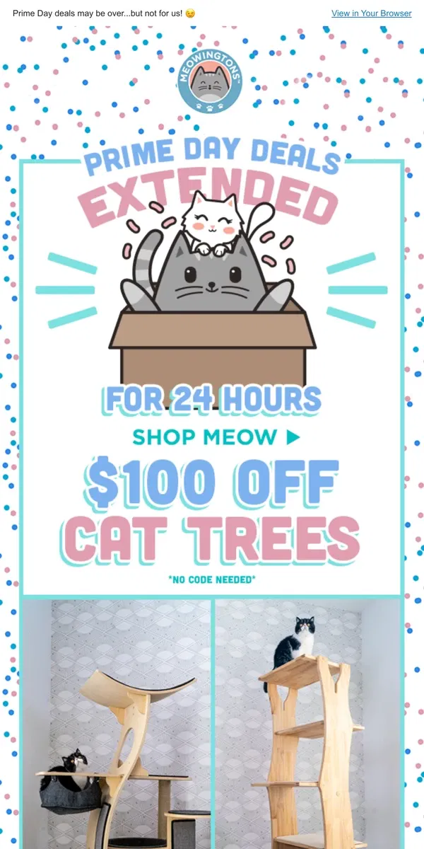 Email from Meowingtons. PRIME DAY...EXTENDED?! 🎉