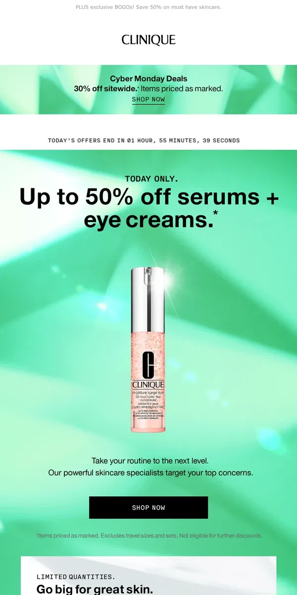 Email from Clinique. DON'T MISS THIS. Up to 50% off serums + eye creams.