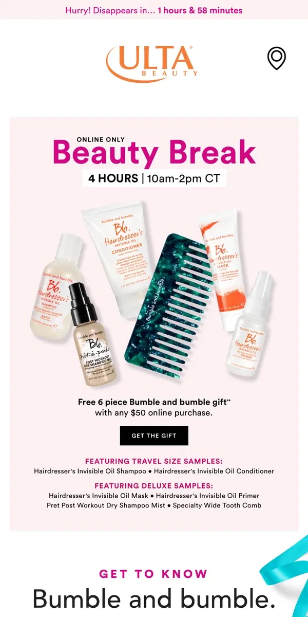 Email from Ulta Beauty. This FREE 6 PC Bumble & bumble gift is waiting or you 💕