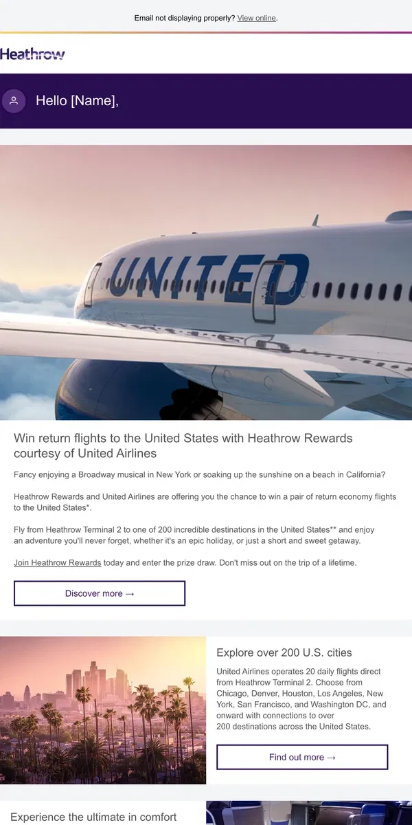 Email from Heathrow Airport. Win flights to the United States with United Airlines