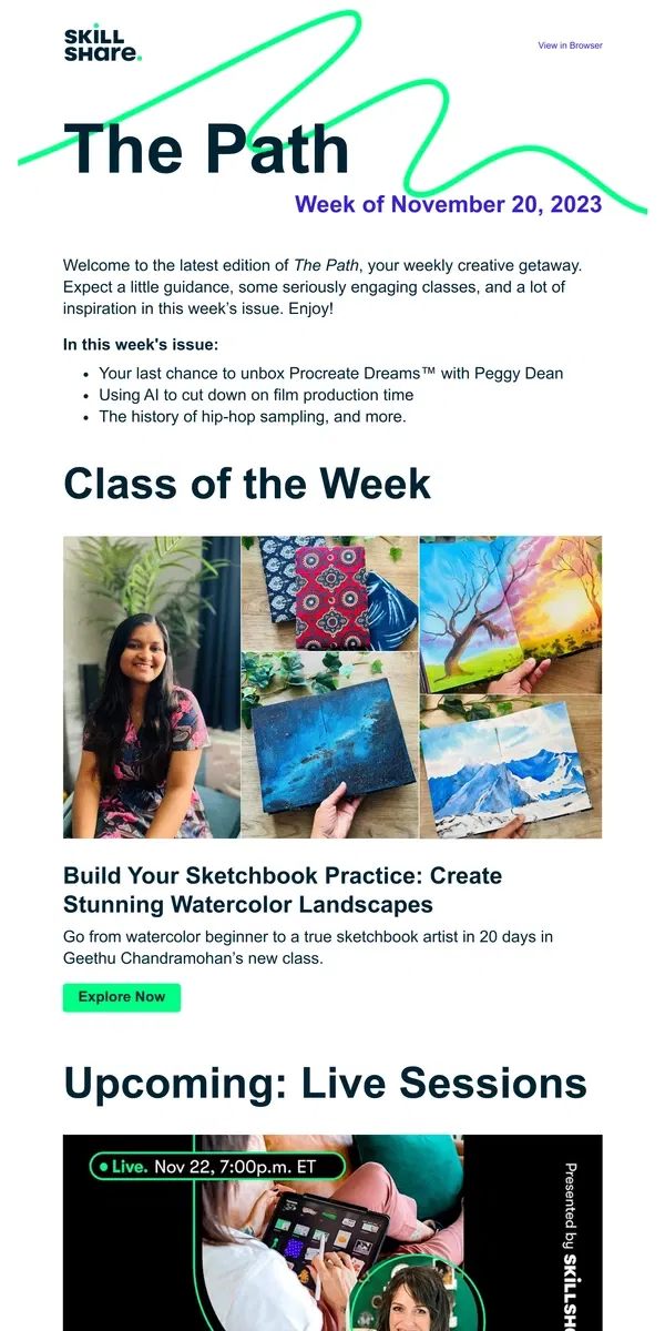 Email from Skillshare. The Path: Issue 003 - Sketchbook practice, class recs for you, and the power of powerful essays