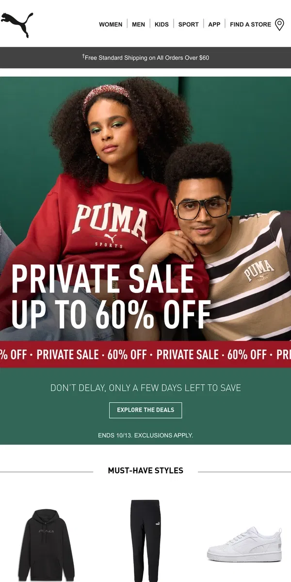 Email from Puma. Can't Miss Deals: Up To 60% Off