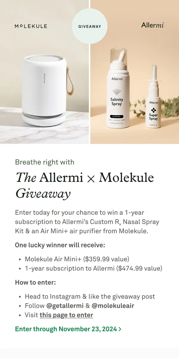 Email from Molekule. Starts today: over $800 in prizes 🎁