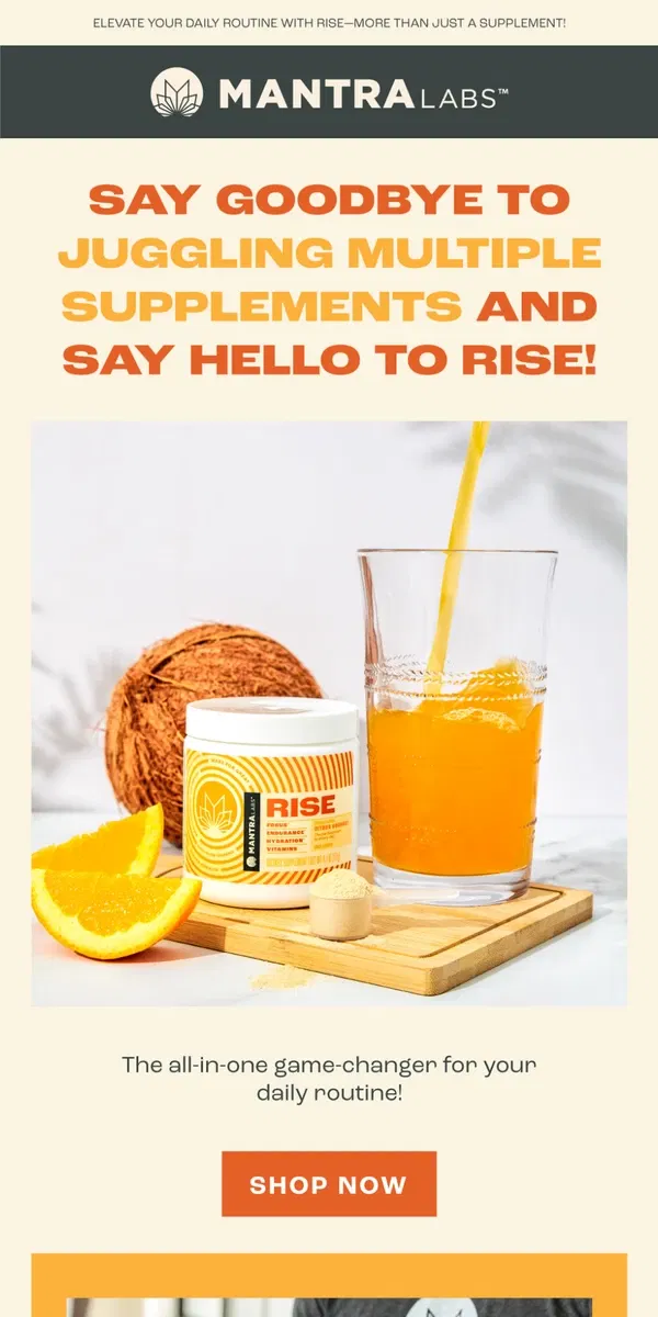 Email from MANTRA Labs. Discover Rise: Your Daily Dose of Focus & Wellness!