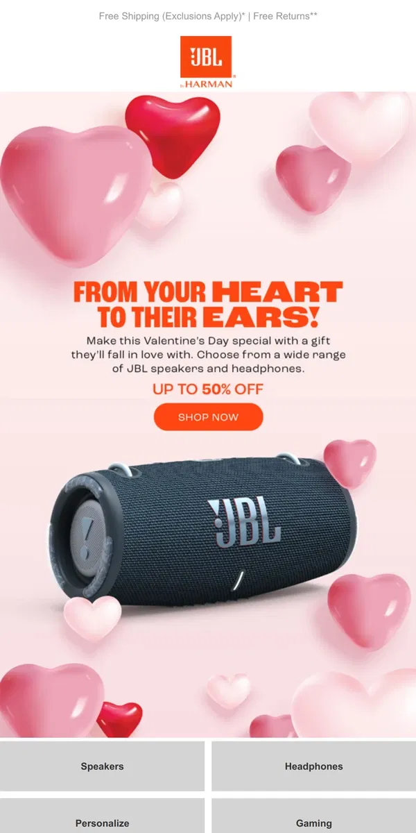 Email from JBL. 1 for You, 1 for Your Valentine - Order Now for 2 Day Shipping!