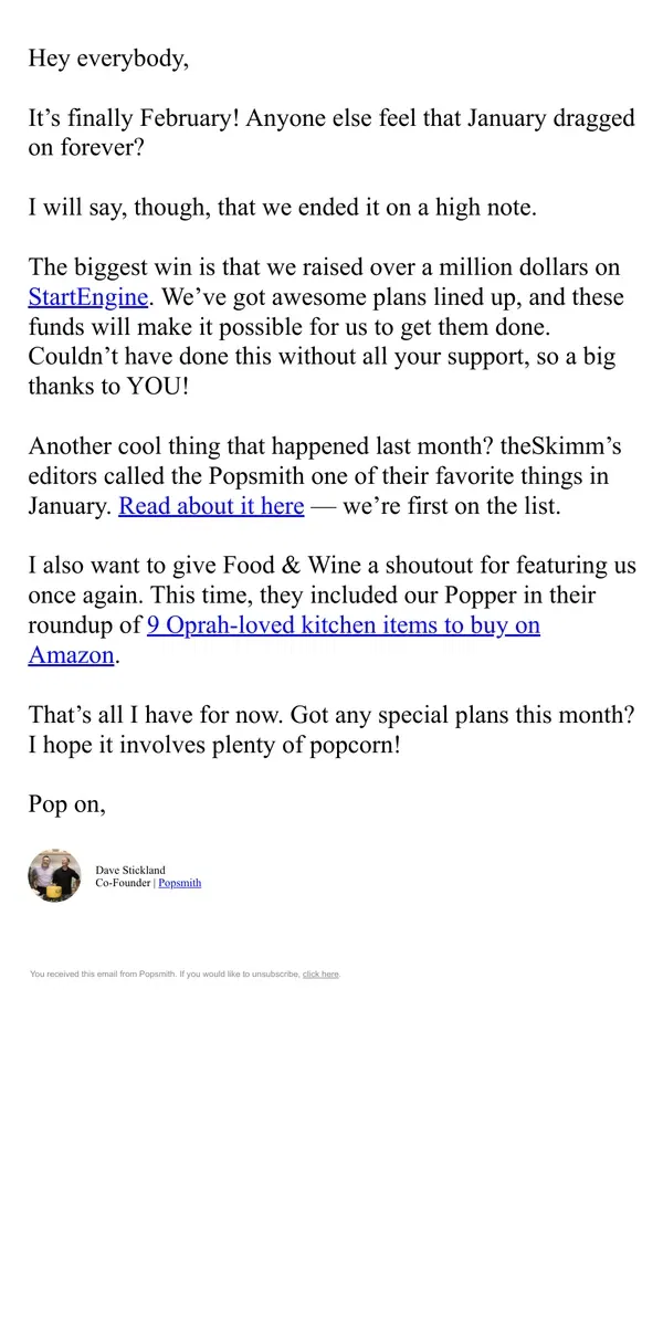 Email from Popsmith. Million-dollar milestone + more January wins 🎉