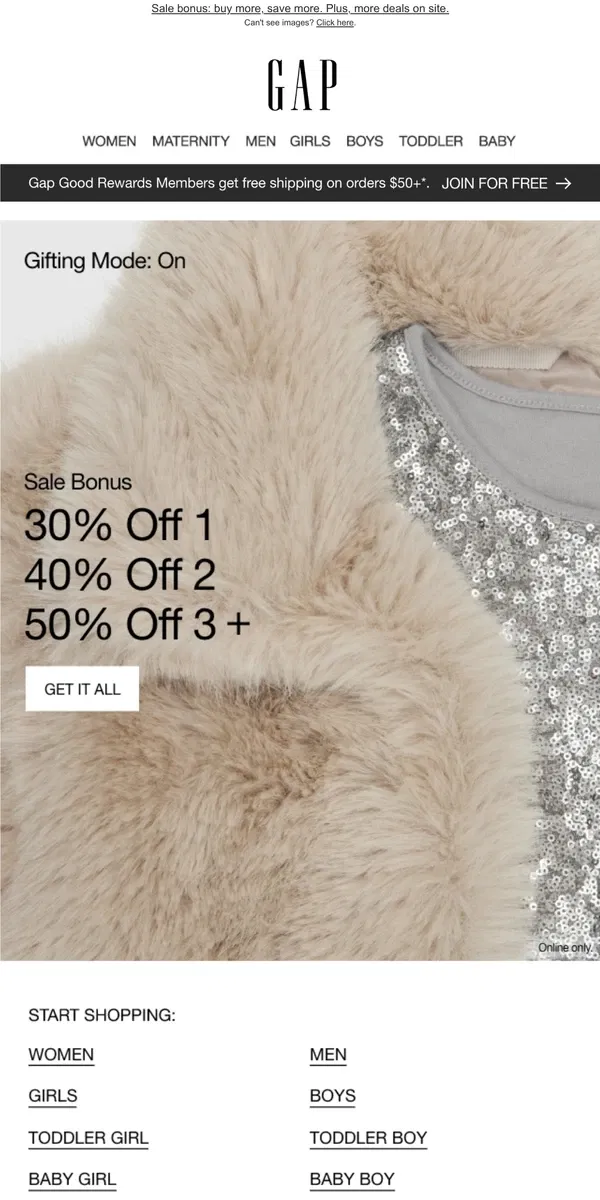 Email from GAP. Yes: you're in for something great on SALE + an EXTRA 11% off