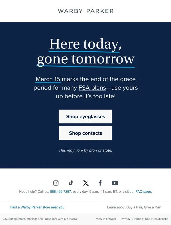 Email from Warby Parker. Extended FSA plans expire today