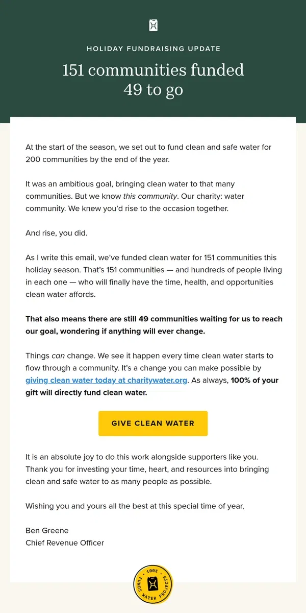 Email from charity: water. Quick update on our holiday fundraising efforts