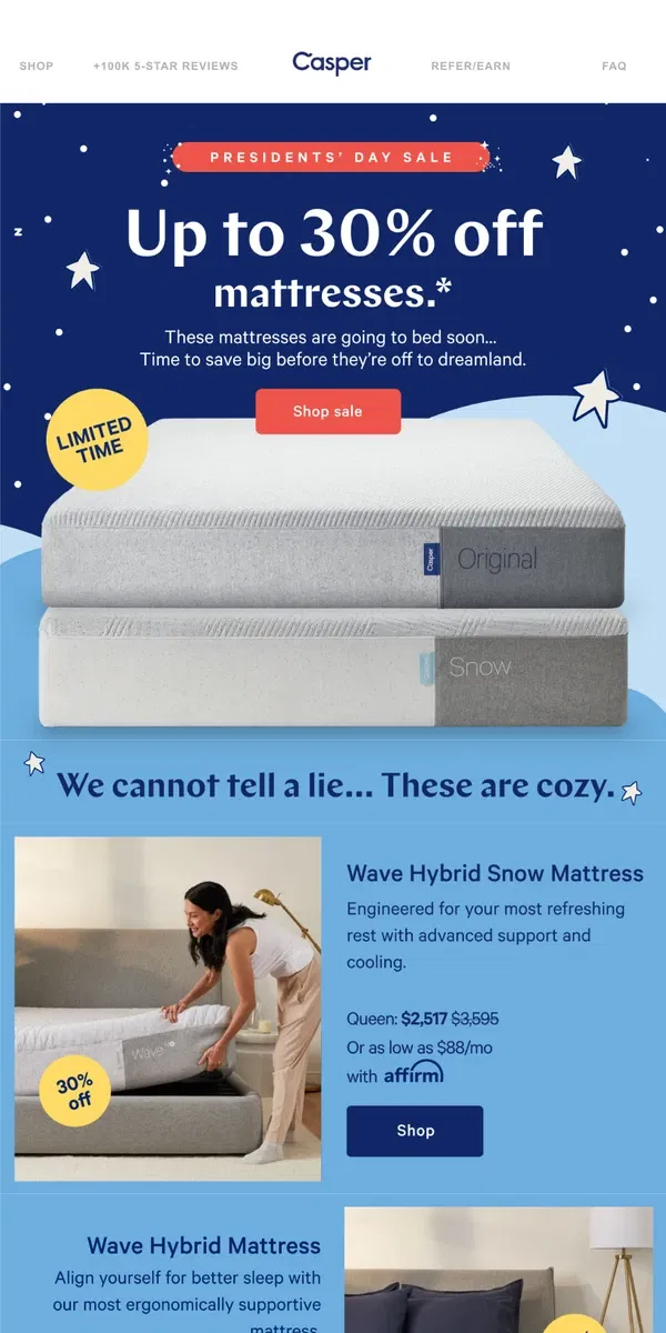 Email from Casper. Up to 30% off mattresses 👀