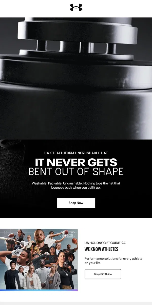 Email from Under Armour. StealthForm Uncrushable Hat