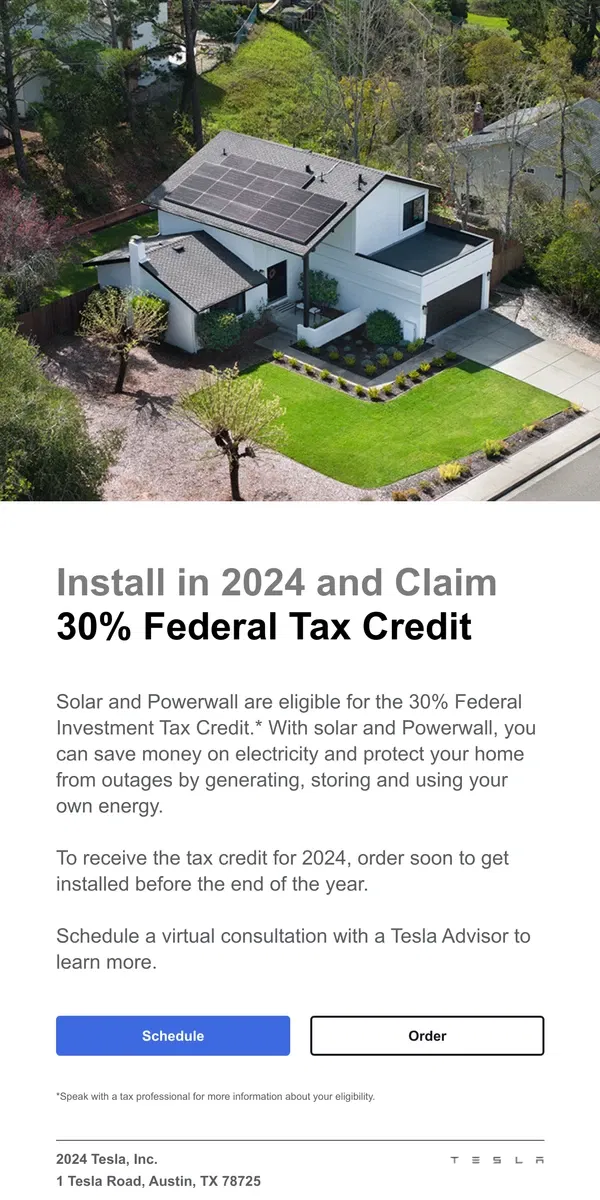 Email from Tesla. Get Solar Savings Through Federal Tax Incentives