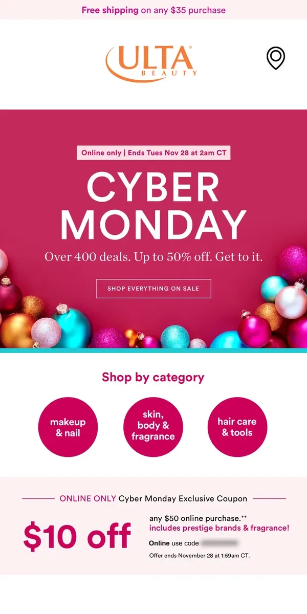 Email from Ulta Beauty. CYBER MONDAY DEALS 💻 Up to 50% off 👀