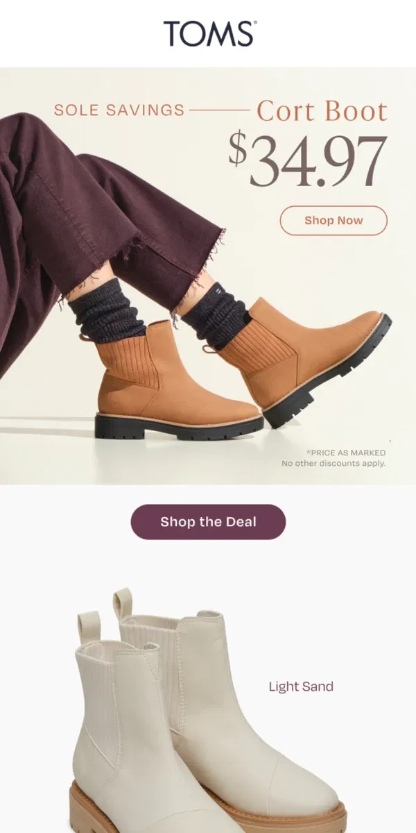 Email from TOMS. Cort Boot is Now $34.97 | Fall’s Fave Boot