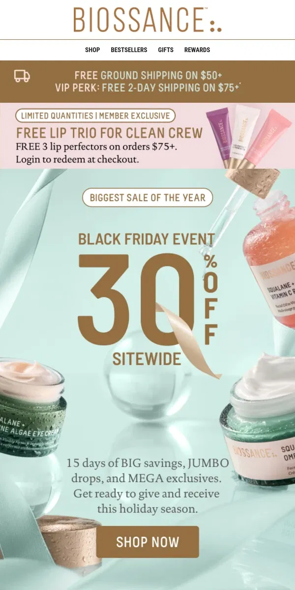 Email from Biossance. 30% OFF sitewide + FREE perfecting gift 😍