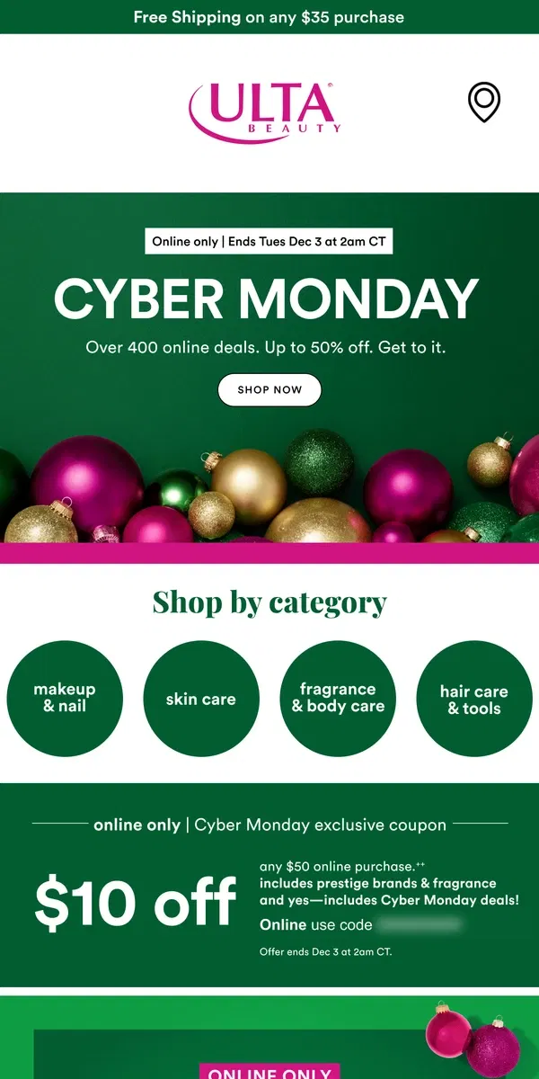 Email from Ulta Beauty. 🚀CYBER MONDAY IS LIVE, [Name] 📲💻