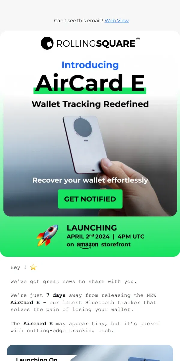 Email from Rolling Square. Tracking Tech Evolution. AirCard E launches in 7 days 🚀