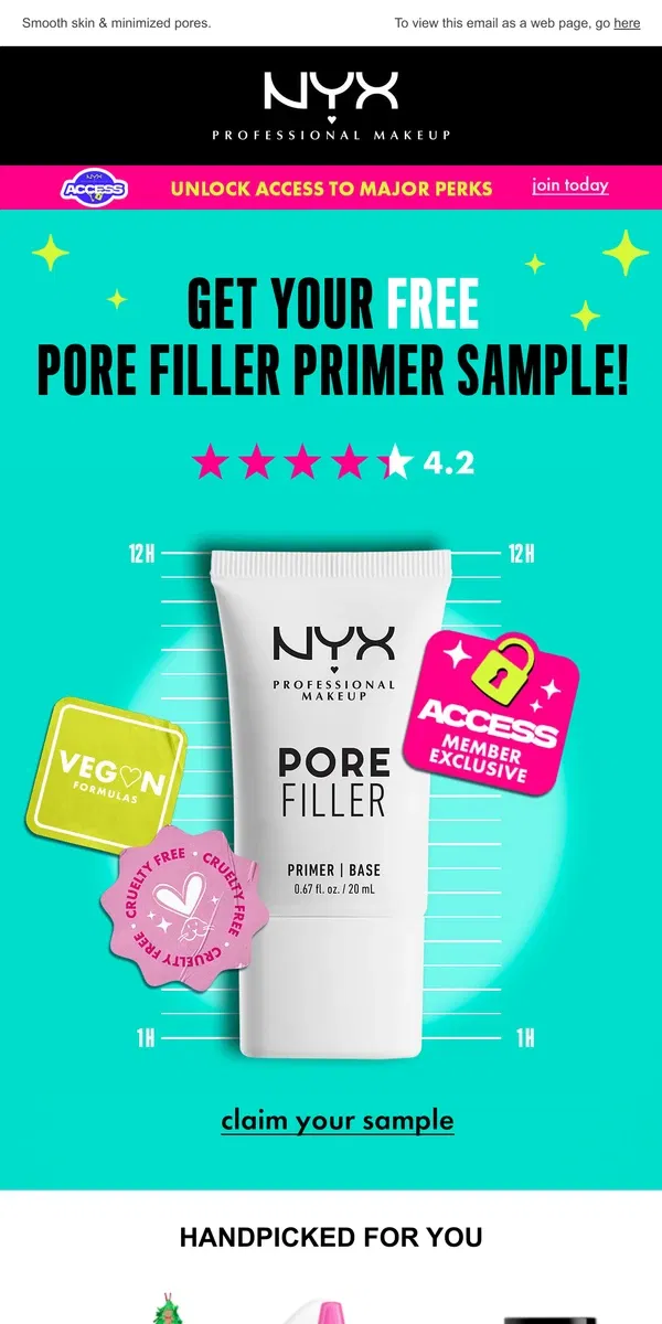 Email from NYX Professional Makeup. Claim your FREE sample of Pore Filler Primer!