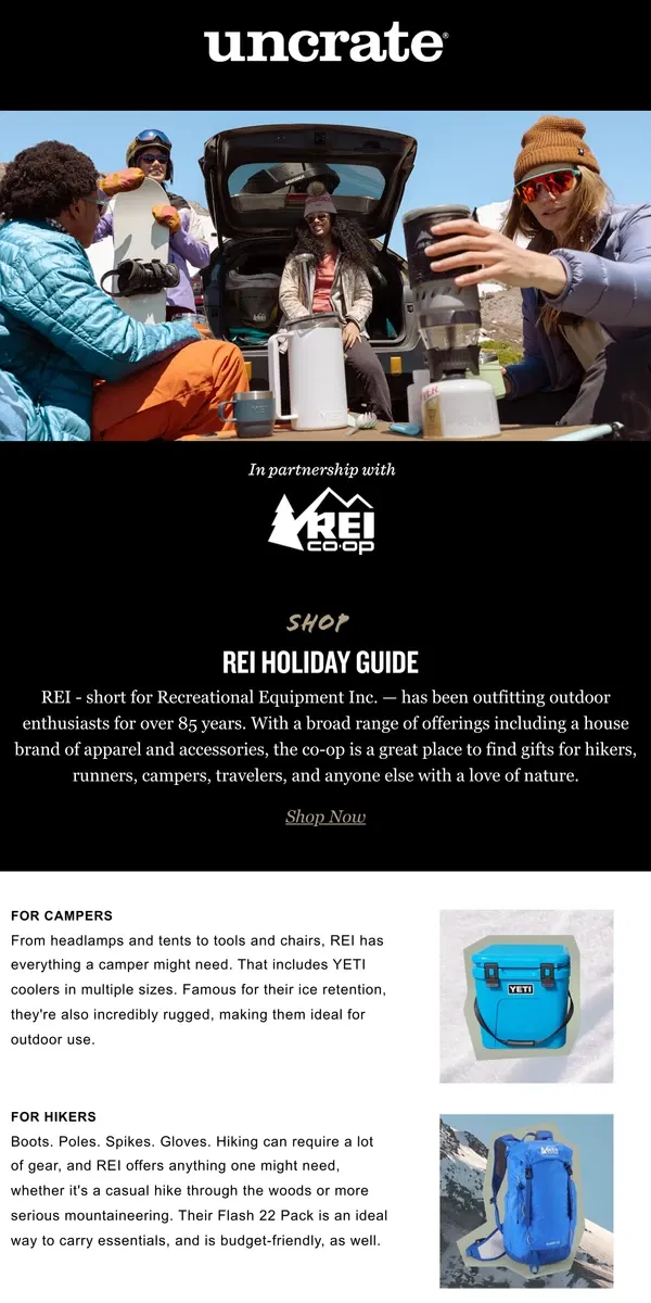 Email from Uncrate. Shop / REI Holiday Guide