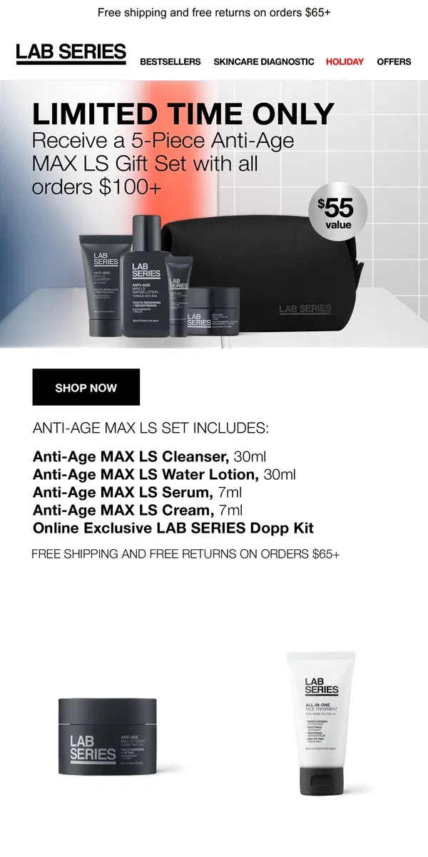 Email from Lab Series. FREE 5-Piece Anti-Age MAX LS Gift Set on orders $100+