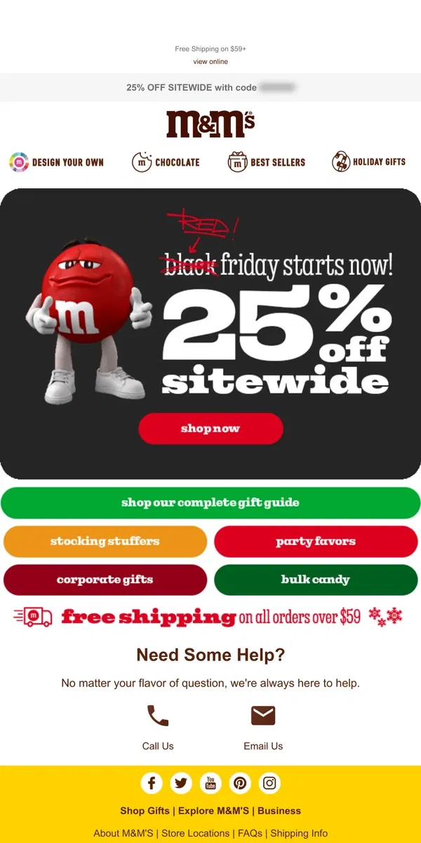 Email from M&M's. Black Friday Savings! 25% Off Sitewide