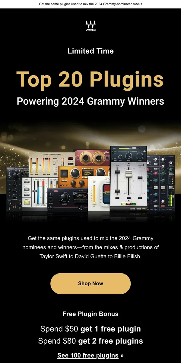 Email from Waves Audio. Starts Now 🏆 GRAMMY Top 20 Sale