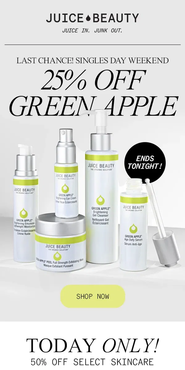 Email from Juice Beauty. ENDS TONIGHT: 25% Off Green Apple