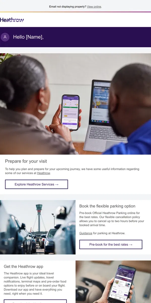 Email from Heathrow Airport. Ready for your visit to Heathrow, [Name]