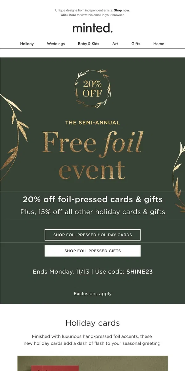 Email from Minted. Our semi-annual foil event is on!