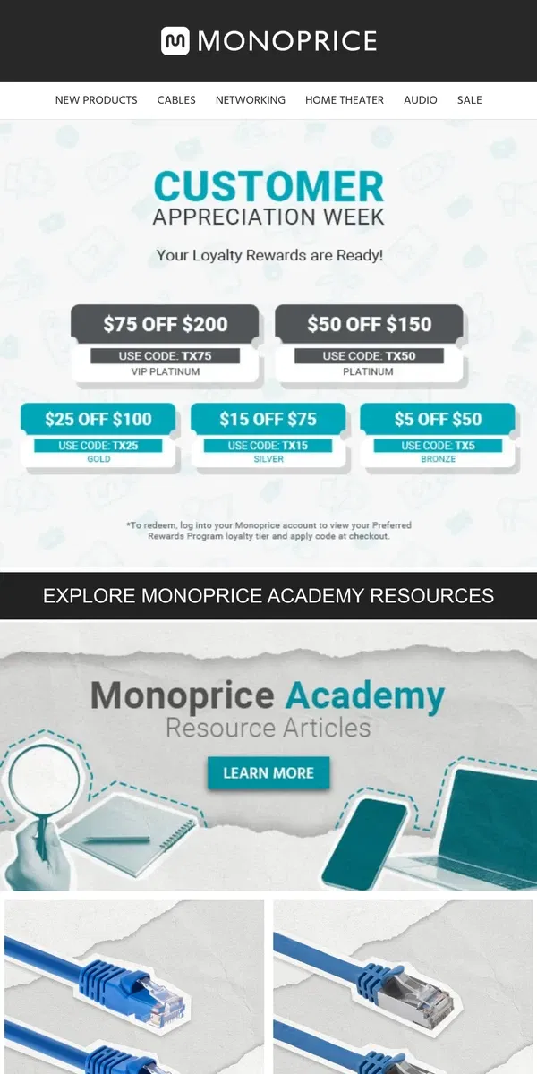 Email from Monoprice. Customer Appreciation Week | Special Offers + Expert Tips