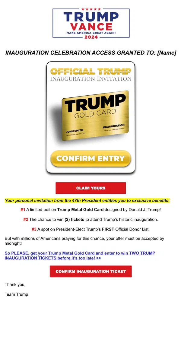 Email from Donald J. Trump. Your personalized Trump Metal Gold Card is ready to ship to Ny