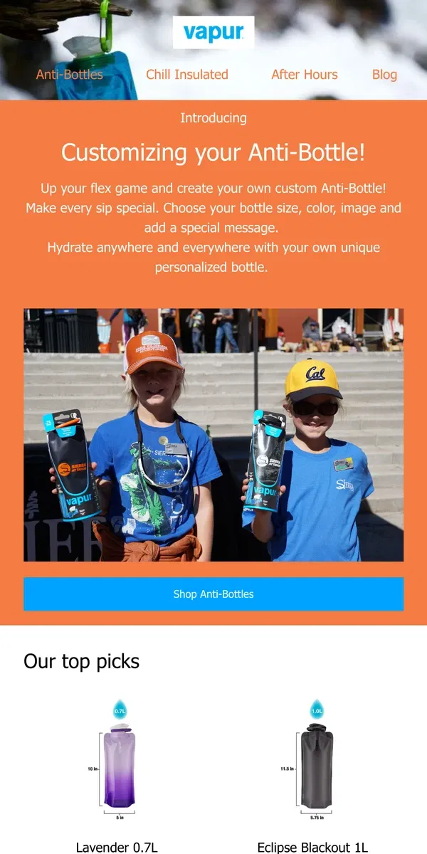 Email from Vapur. Personalize Your Brand New Water Bottle today!