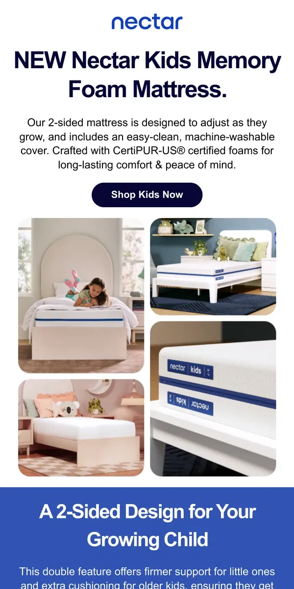 Email from Nectar. Meet the NEW Kids Mattress, tailored to your little sleeper 😴.