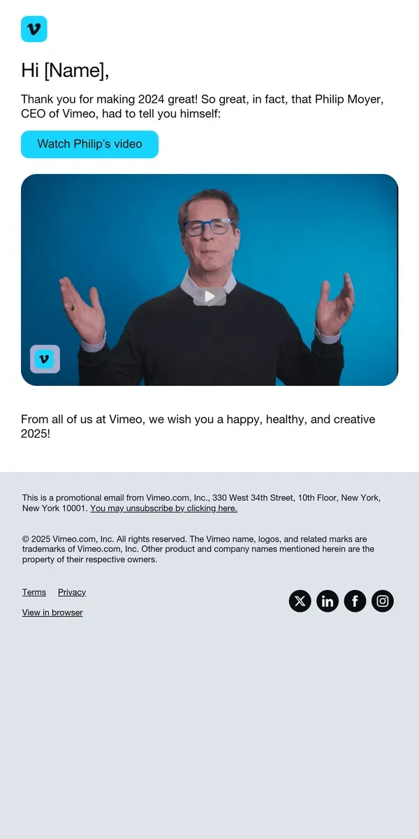 Email from Vimeo. A message of thanks from the CEO of Vimeo